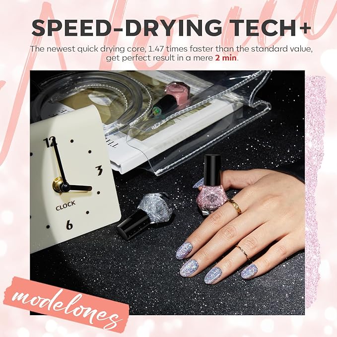 modelones Glitter Nail Polish 6 Colors Holographic Sparkle Glitter Mini Nail Polish Set Flash Diamond Black Silver Gold Quick Dry Manicure Diy Nail Art Salon Gift For Women Girl