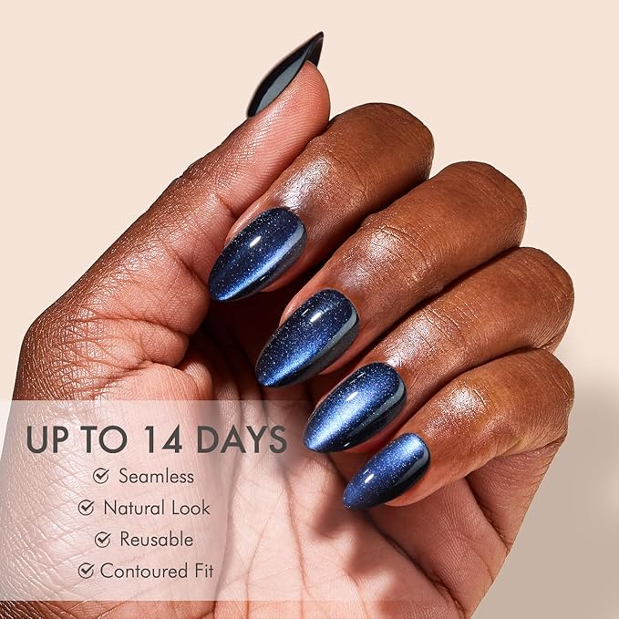 Press on Nails Short Almond - Blue Cat Eye Chrome Nails Kit, Reusable Gel Fake Nails with Nail Glue & Nail File - 32 PCS in 16 Sizes (Limited Edition Mini Pack)