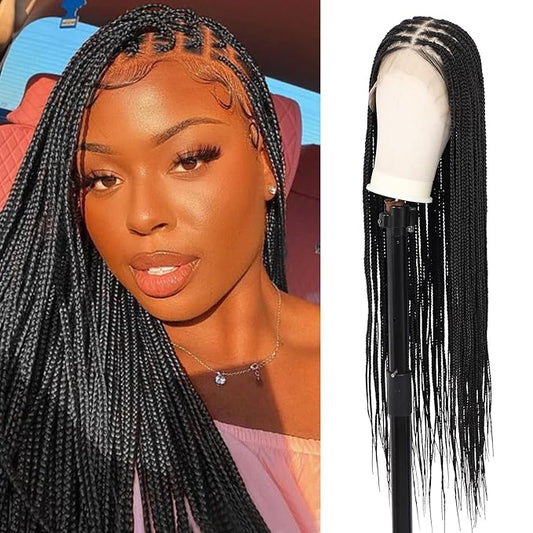 36 Inch 13x8 HD Lace Front Knotless Braided Wigs for Women Box Braid Wig With Baby Hair Human Hair Blended Lace Black Braid Wigs