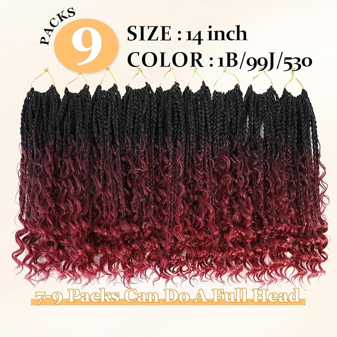 9 Packs Goddess Box Braids Crochet Hair Boho Crochet Box Braids With Curly Ends Crochet Hair For Black Women, 14 Inch Pre Looped Bohemian Crochet Box Braids Hair (14Inch 9 Packs,T99J530#)