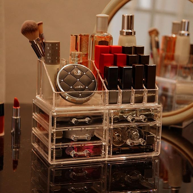 Cq acrylic 2 Pack Clear Makeup Storage Organizer,Stackable 5 Drawers Make up Organizers,Cute Desk Organizer for Vanity Jewelry,Hair Clip,Beauty,Skincare Product Bathroom Counter Organizers and Storage