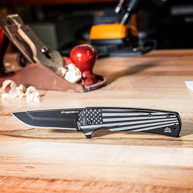 OUTDOOR EDGE RAZOR VX5 | Black American Flag | Replaceable Blade EDC Folding Pocket Knife | 3" Blade, Ceramic Ball Bearings, Carbon Fiber Handle, Reversible Pocket Clip | Cool Knife for Men