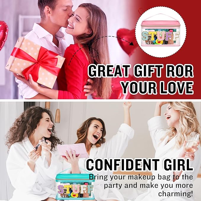 2 Pack Chenille Letter Clear Makeup Bags Stuff Pouch, Preppy Patch Makeup Bag Zipper with Handle, Pink Stuff Bags for Travel Nylon Waterproof Glitter Cosmetic Toiletry Storage for Women(Pink+Green)