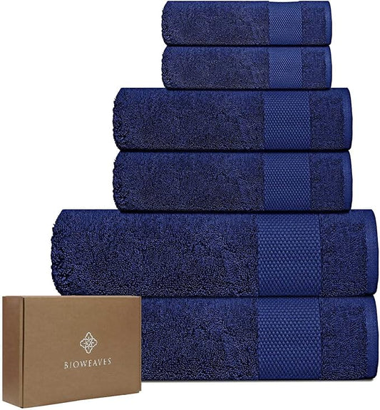 BIOWEAVES 100% Organic Cotton 6-Piece Luxury Bathroom Towels Set GOTS Certified 700 GSM, 2 Bath Towels, 2 Hand Towels & 2 Wash Cloths - Navy Blue