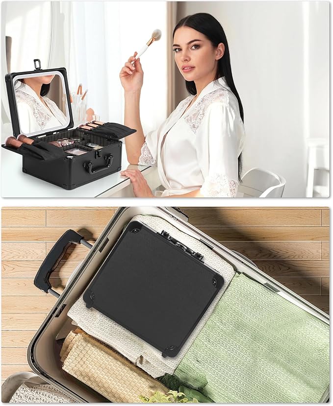 Relavel Makeup Bag with LED Mirror, Makeup Box Travel Train Case with Rechargeable Lighted Mirror & Adjustable Dividers, Cosmetic Brush Organizer Storage for Makeup Artists Gifts for Women and Girls