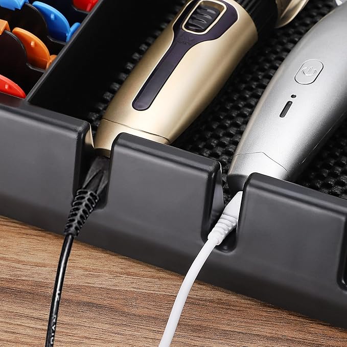 Barber Station Organizer Tray, Barber Clipper Organizer for Trimmers, Razors, Scissors, Combs & Brushes, Multi-Compartments Barbershop Salon Countertop Tray for Hairdressing Tool, Non-slip Mat