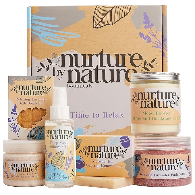 Nurture by Nature RELAX & CALM Spa Kit - Mothers Day Gifts - Spa Gift Baskets For Women, Complete Bath Sets for Women Gift - Lavender Pillow Mist, Bath Salts, Bath Bomb - Self Care Gift Basket