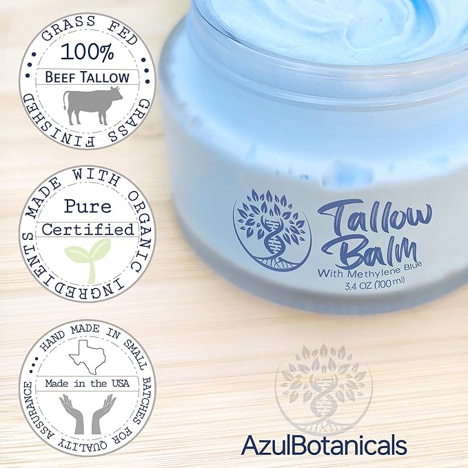 Methylene Blue Infused Whipped Grass Fed Beef Tallow Balm for Healthy Skin, Anti-Aging, Fullbody Moisturizer, Stretchmarks, Rosacea, Psoriasis, Eczema, Acne, All skin types, Organic Ingredients 1.7oz