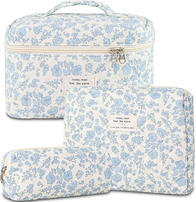 Makeup Bag, 3 PCS Quilted Makeup Bag, Cute Floral Cotton Cosmetic Bag set, Coquette Makeup Pouch Large Travel Toiletry Bag