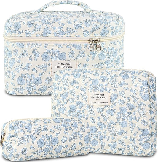 Makeup Bag, 3 PCS Quilted Makeup Bag, Cute Floral Cotton Cosmetic Bag set, Coquette Makeup Pouch Large Travel Toiletry Bag