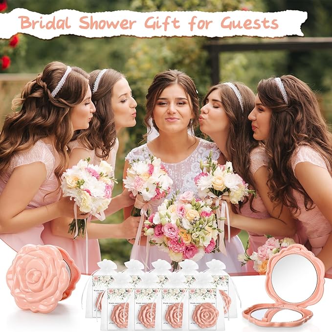 30 Sets Bridal Shower Party Favors for Guests Small Rose Compact Mirror Bulk Wedding Favors Thank You Cards and Organza Bags Wedding Party Guests Souvenir Gift (Pink Champagne)