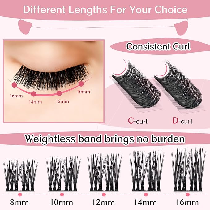 PRO LASHBEAUTY Cluster Lashes, 72 Pcs Individual Lashes, DIY Eyelash Extension, Super Thin Band, Reusable, Soft & Comfortable (Freedom-D-14mm, Black)