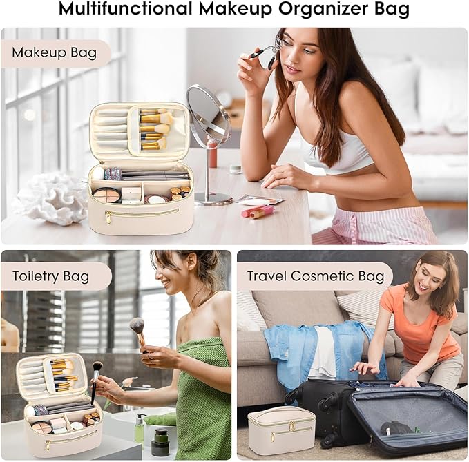 Travel Makeup Bag Organizer, Large Capacity Cosmetic Pouch for Women, Waterproof Make Up Bag with Divider, Clamshell Makeup Case Make Up Bag with Handle and Metal Zipper, Travel Essentials White