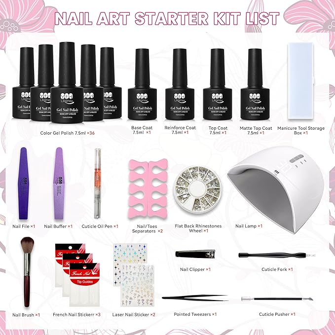 YTD Likomey Gel Nail Polish Kit,36 Colors and 4 Pcs Base Coat and Reinforce Coat Glossy&Matte Top Coat with UV LED Nail Lamp Starter Set,Salon Home DIY Nail Art Manicure Box