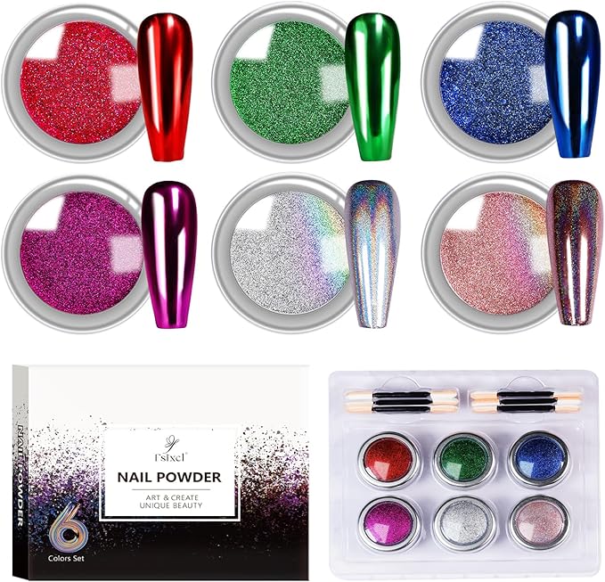 6 Colors Set 0.5g/Jar Holographic Chrome Nail Powder Metallic Mirror Effect Pigment Dust for Gel Nail Art Manicure Decoration (TA 6 Pcs Set-01)