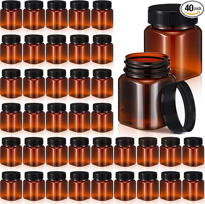 Tanlade 40 Pcs Amber Plastic Jars with Lids Round Cosmetic Containers Amber Jars Refillable Containers for Powder Liquid Food Storage Kitchen Cosmetic Lotion Ointments Creams Essential Oil (4 oz)
