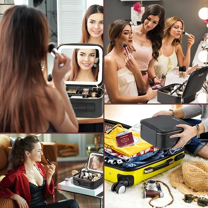 Makeup Travel Train Case with Mirror LED Light 3 Adjustable Brightness Cosmetic Bag Portable Storage Adjustable Partition Waterproof Brushes Makeup Jewelry Gift for Women, Black