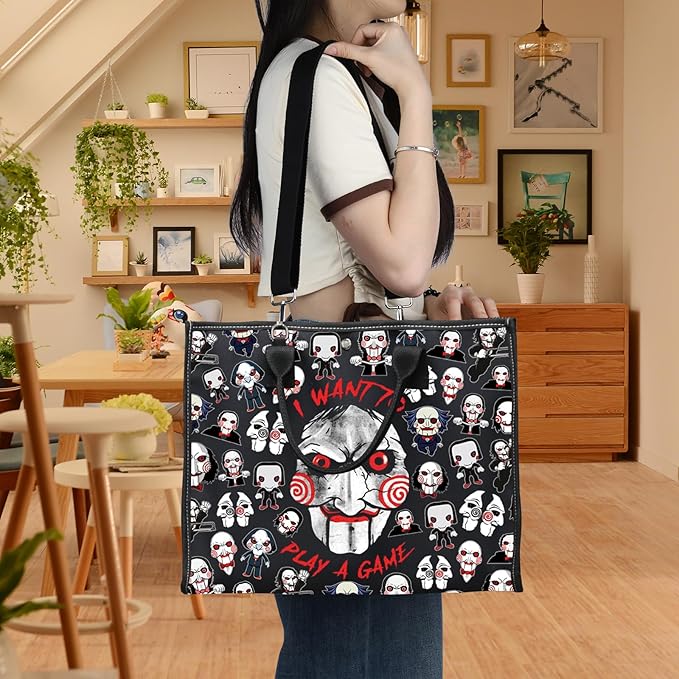 LEVLO Sadistic Thriller Tote Bag Horror Movie Fans Gift I Want To Play A GamePuzzle Horror Shoulder Bag Horror Movie Merch