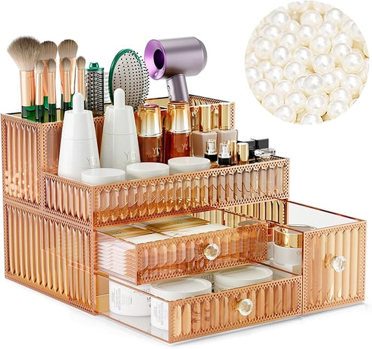 Makeup Organizer Golden- Tempered Glass Vanity Organizer for Cosmetics, Skincare, Hair Tools, Brushes, Perfume - Multipurpose Bathroom Counter Skincare Organizer