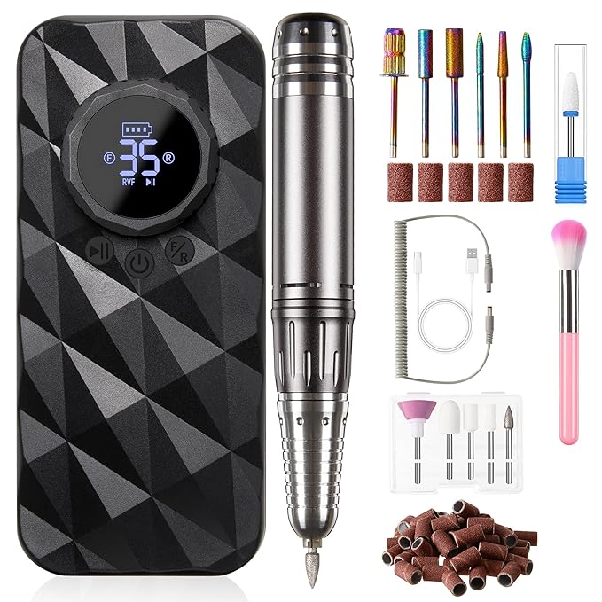 Sunvivi 40000RPM Electric Nail Drill, Rechargeable Nail File Set for Acrylic Nails Gel Polishing, Professional Nail E File Manicure Pedicure Tools with Nail Drill Bits for Home Salon Use