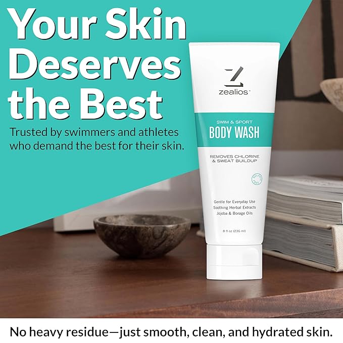 Zealios Swim & Sport Body Wash for Swimmers & Athletes 8oz, Skin Care Solution for Men & Women, Removes Chlorine, Sweat & Odor, Provides Cleansing and Hydration from Pool Chemicals, Light Citrus Scent