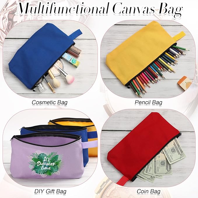Reginary 60 Pieces Canvas Makeup Bags Bulk End of School Years Gift Cute Travel Cosmetic Pouch Multipurpose Blank Small Toiletry Bag DIY with Zipper for Travel Women Teens,15 Colors(9.8 x 5 x 2 Inch)