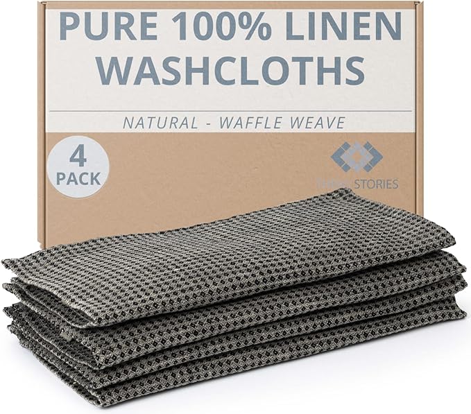 100% Flax Linen Washcloths - 4-Pack 10x10-inch Reusable Waffle Washcloths - Make up Removers Face Cloth - Black-Natural Waffle Weave Wash Cloths - Small Face Towels for Women