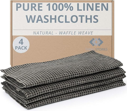 100% Flax Linen Washcloths - 4-Pack 10x10-inch Reusable Waffle Washcloths - Make up Removers Face Cloth - Black-Natural Waffle Weave Wash Cloths - Small Face Towels for Women