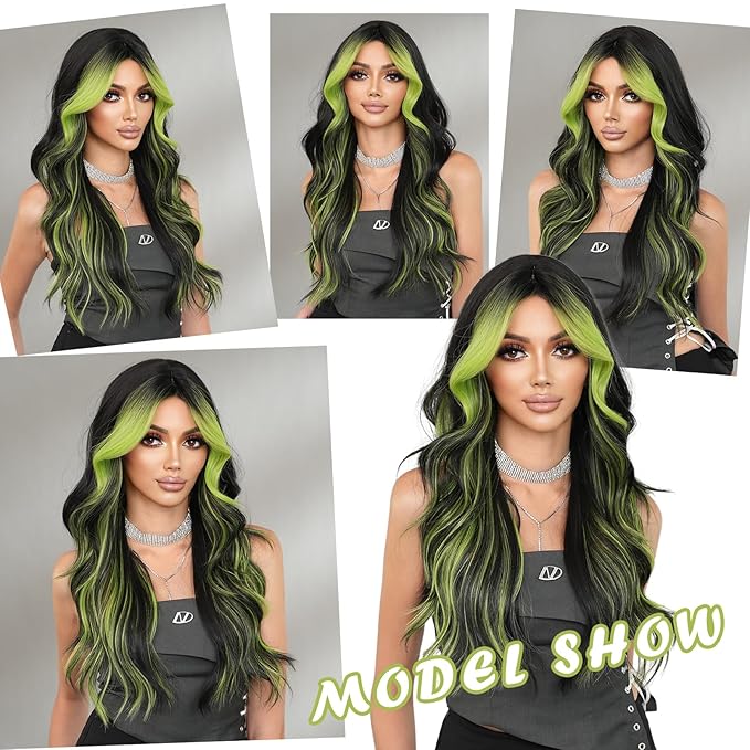 Black Wig Green Highlight Long Wavy Wig with Curtain Bang 26 Inch Ombre Black Green Wig Synthetic Heat Resistant for Women Daily Party used.