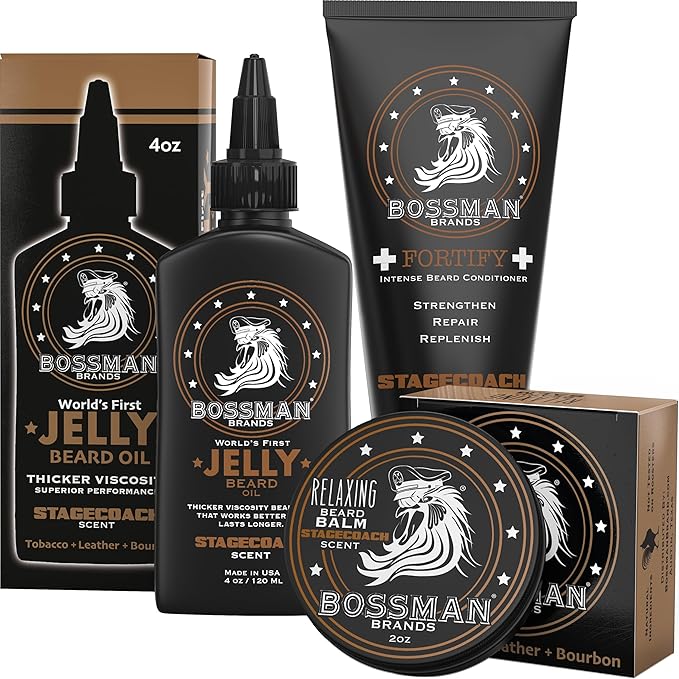 Bossman Essentials Beard Kit for Men – Beard Oil Jelly, Fortifying Conditioner Cream & Beard Balm – Grooming Care Accessories (Stachecoach Scent)