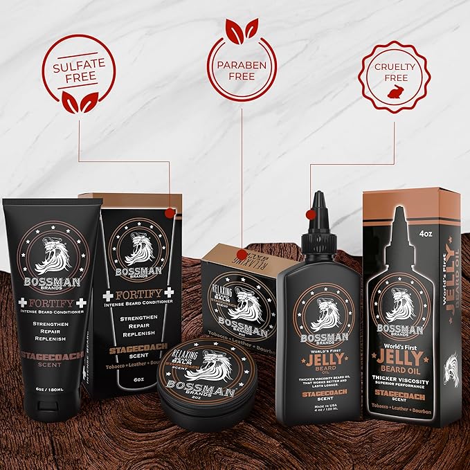 Bossman Essentials Beard Kit for Men – Beard Oil Jelly, Fortifying Conditioner Cream & Beard Balm – Grooming Care Accessories (Stachecoach Scent)