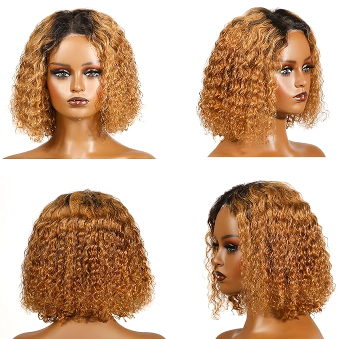 1B/30 Wear and Go Bob Wig Human Hair Deep Wave Ombre Lace Front Wigs Human Hair 5x5 Lace Wigs Glueless Wigs Human Hair Pre Cut Curly Wig Human Bob Hair 180% Density with Black Roots 12 Inch