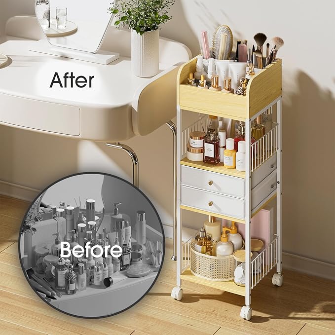 Makeup Organizer Cart with 2 Drawers, Rolling Bathroom Organizers and Storage- Versatile Skincare Perfume Storage Vanity Organizer, Natural Wood and White Iron