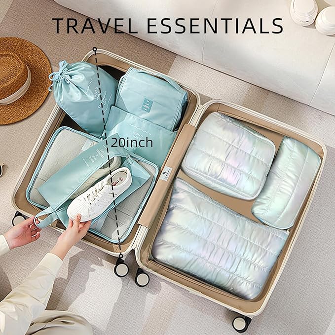 Hiroyuki 3pcs Iridescent Quilted Makeup Bag (plain, cyan)