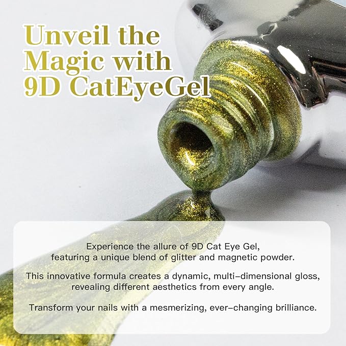 9D Cat Eye Gel Nail Polish Set, 15ml Black Gel + 15ml Gold Glitter Cat Eye Gel, Includes Silicone Handle Cylinder Magnetic Stick for Mesmerizing 9D Effects