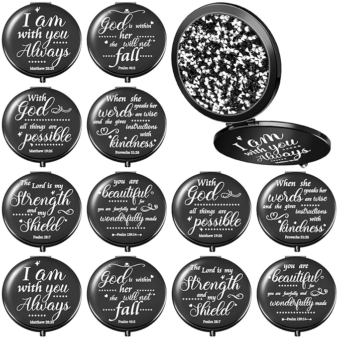 Thyle 12 Pcs Christian Compact Mirror Gifts for Women Bible Verse Bulk Hand Makeup Compact Purse Mirror Inspirational Religious Baptism Gift for Teacher Mother's Day Women Nurse(Black)