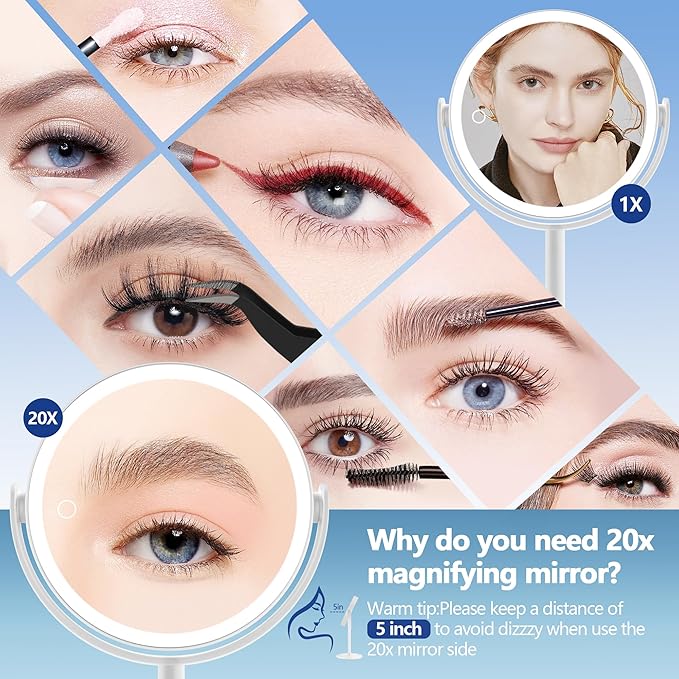 Lighted Magnifying Mirror, 20x Magnifying Makeup Mirror with Lights, Charging Port on Stand, Double Sided Switch Eye-Protection 3 Colors Dimmable Vanity Mirror, Large 8.6 in