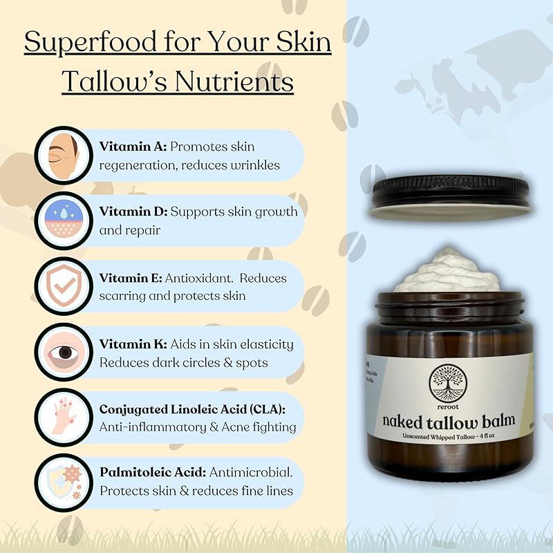Beef Tallow for Skin | NAKED TALLOW BALM | 1 Ingredient - 100% Grass Fed Beef Tallow | Beef Tallow for Body & Face | Whipped & UNSCENTED for Sensititve Dry Skin, Babies, Eczema, Psoriasis, Rosacea (4oz)