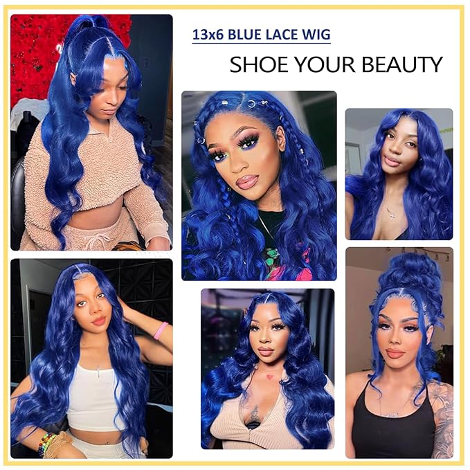 36 Inch Blue Lace Front Wigs Human Hair 13x6 Hd Lace Frontal Body Wave Wig 180% Density Long Dark Blue Wig Human Hair for Black Women Royal Blue Colored Glueless Wigs Pre Plucked