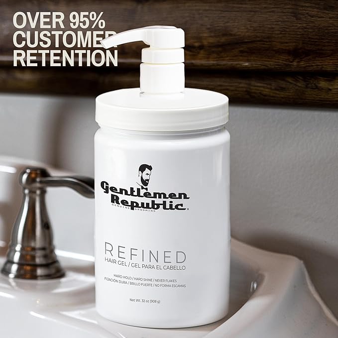 Gentlemen Republic 32oz Refined Hair Gel with Pump for Men - Premium Gel For Men Humidity Resistant & Alcohol-Free - All Day Shine and Hold for All Hair Types and Never Flakes - Made in the USA