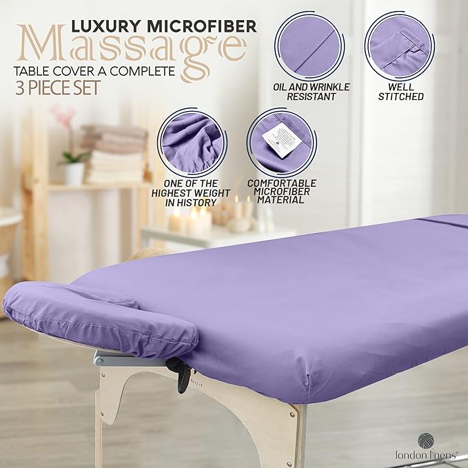LONDON LINENS Soft Microfiber 3-Piece Massage Table Sheets - Super Lightweight, Stain and Wrinkle Resistant - Includes Table Cover, Fitted Sheet, and Face Rest Cover (Fresh Lilac)