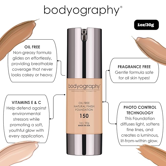 BODYOGRAPHY - NATURAL FINISH Foundation (Light Medium #150): Oil-Free Anti-Aging Salon Natural Finish w/ Vitamin E, C, Antioxidants | Vegan, Gluten-Free, Paraben-Free