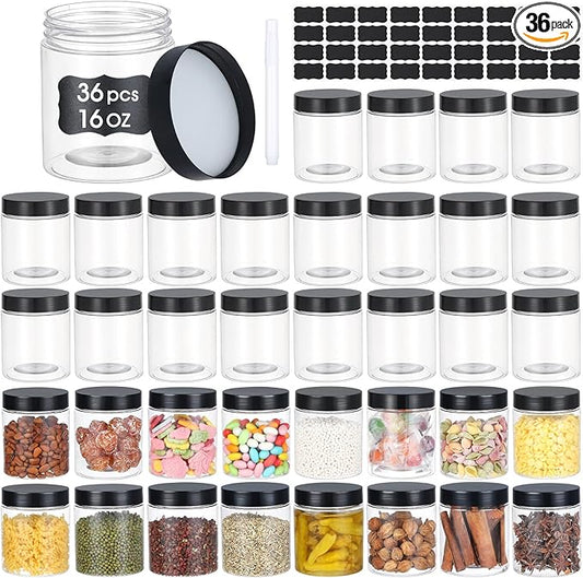 36PCS16OZ Plastic Jars with Screw On Lids, Pen and Labels Refillable Empty Round Slime Cosmetics Containers for Storing Dry Food, Makeup, Slime, Honey Jam, Cream, Butter, Lotion (matte black)