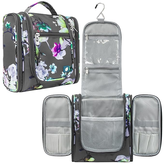 PAVILIA Toiletry Bag Travel Bag for Women Men, Hanging Cosmetic Organizer, Water Resistant Makeup Bag for Accessories Toiletries, Large Travel Essentials Kit (Floral Grey)