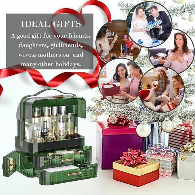 LINFIDITE Cosmetics Storage Box Transparent Lid Large Makeup Organizer Box Drawers Portable Handle Waterproof Dustproof Skincare Display Cases for Countertop, Bathroom, Dresser,Gift Clear Green