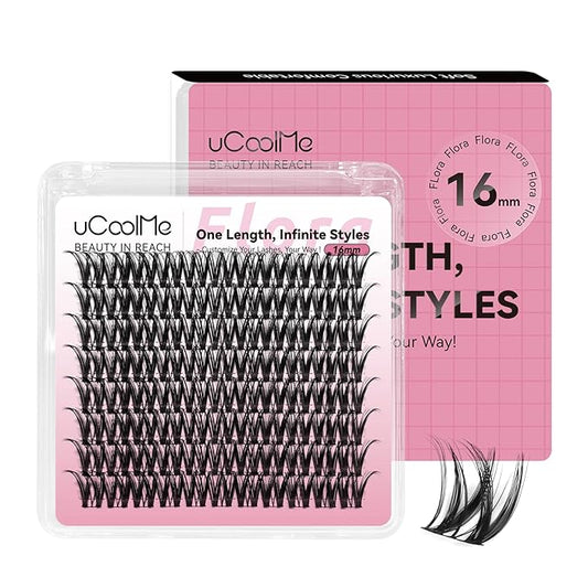 Flora Lash Clusters One Length 16mm D Curl Individual Lashes Eyelash Clusters DIY Eyelash Extension 0.05mm Ultra-Thin Black Lash Band(Flora,Only 16mm)