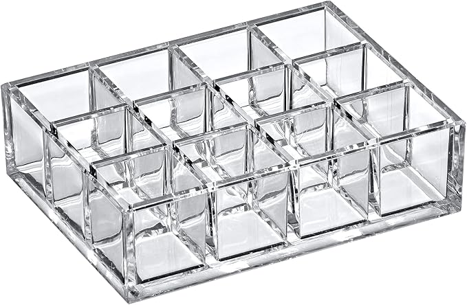 Amazing Abby - Allure - 12-Slot Acrylic Lipstick Organizer, Lipstick Holder, Lip Gloss Holder, Cosmetic Storage Display, Perfect Storage Solution for Drawer and Vanity (Slot Size: 1.0" x 1.0")