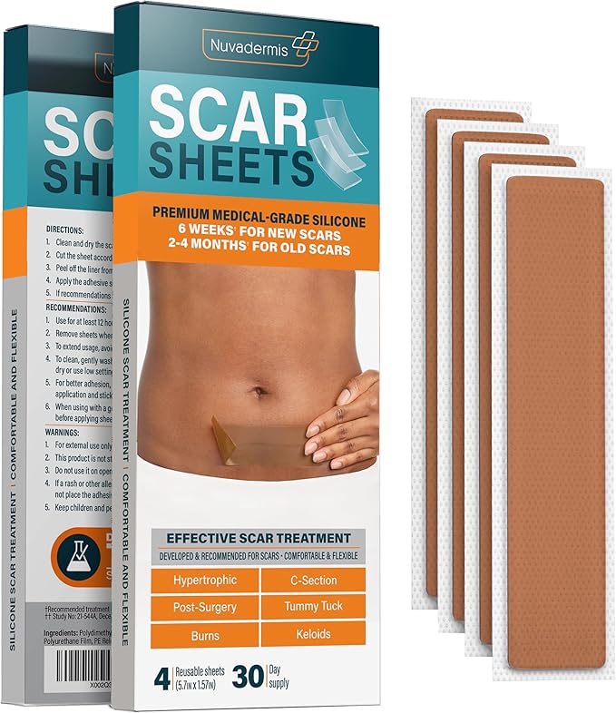 NUVADERMIS Silicone Scar Sheets – Extra Long Medical-Grade Scar Sheets for C-Section, Tummy Tuck, Keloid, and Surgical Scars – Reusable and Effective – Pack of 4 – Medium Tone