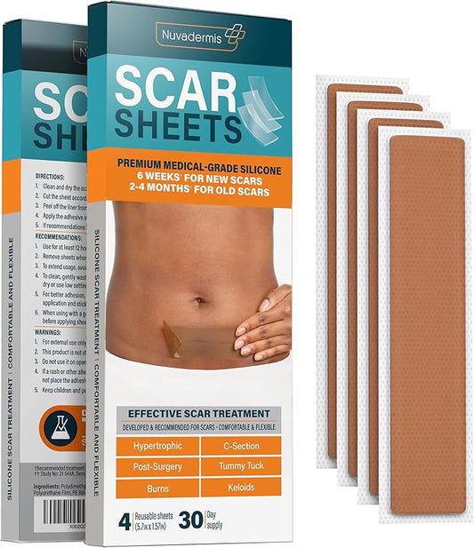 NUVADERMIS Silicone Scar Sheets – Extra Long Medical-Grade Scar Sheets for C-Section, Tummy Tuck, Keloid, and Surgical Scars – Reusable and Effective – Pack of 4 – Medium Tone