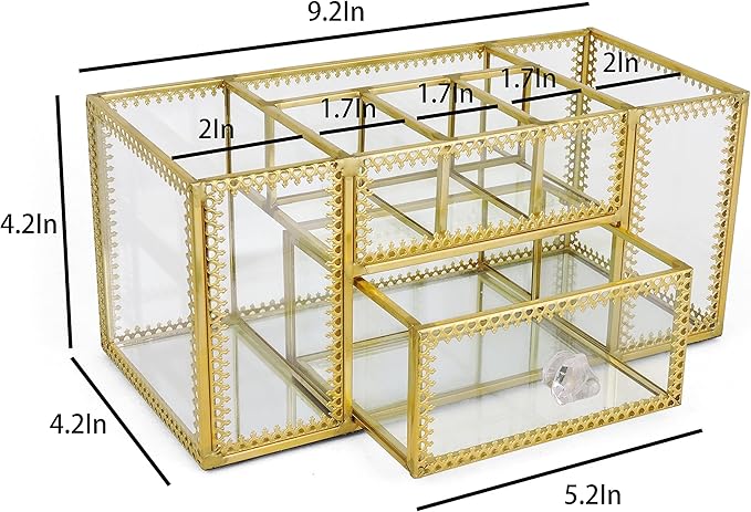 FSyueyun Vanity Clear Glass Makeup Organizer, Gold Makeup Brush Holder Cosmetic Storage Display Case for Skincare Perfume Dresser Countertop